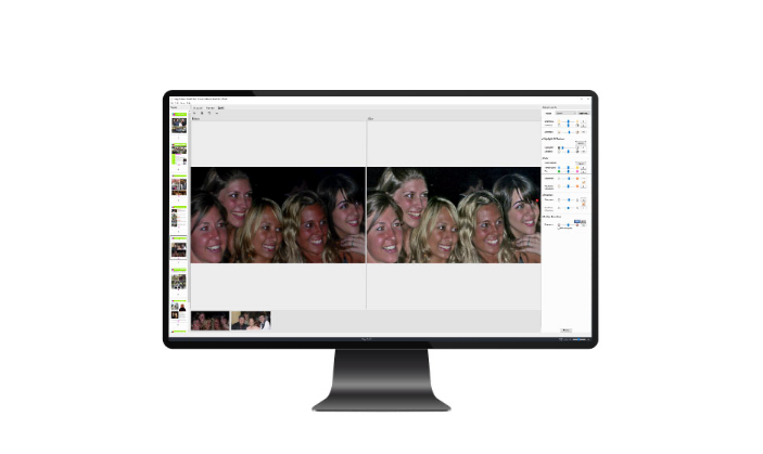 Computer monitor showing the Fiery Image Enhance Visual Editor program in use on a picture of women